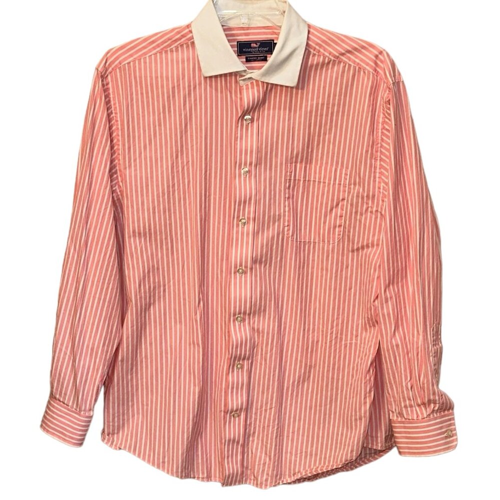 Vineyard Vines Cooper Shirt 100% Cotton Size Large Pink White Stripe Button Down